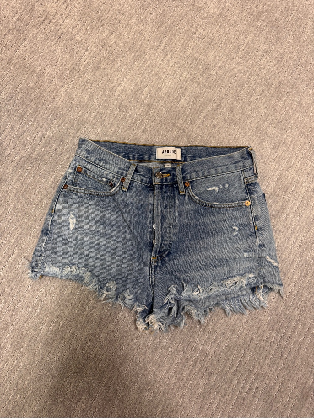 AGOLDE Light Blue Frayed Hem Denim Shorts